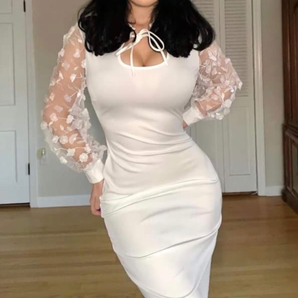 Belle poque white wiggle dress puffy sheer sleeves floral pinupgirl pinup girl